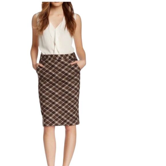 Tory Burch Wool Skirt Hawthorne Plaid Pencil Preppy Designer Brown White S - Picture 1 of 8